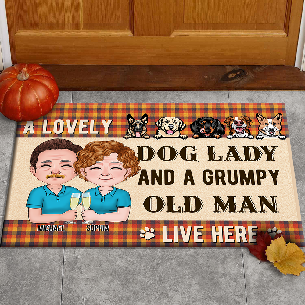 Personalized Crazy Dog Lady And Grumpy Old Man Live Here Doormat, Dog Lover Gift AB