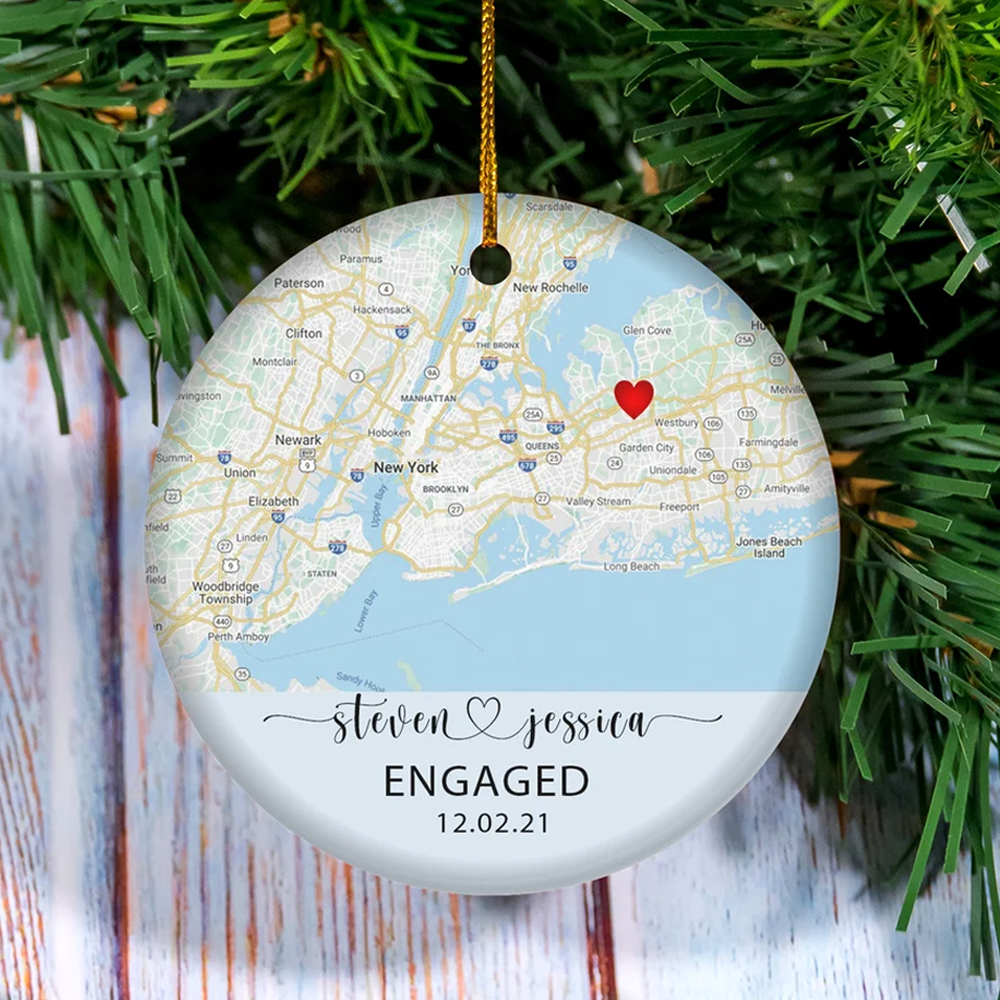 Personalized Map Photo Engagement Ceramic Ornament, DIY Gift for Couple AE