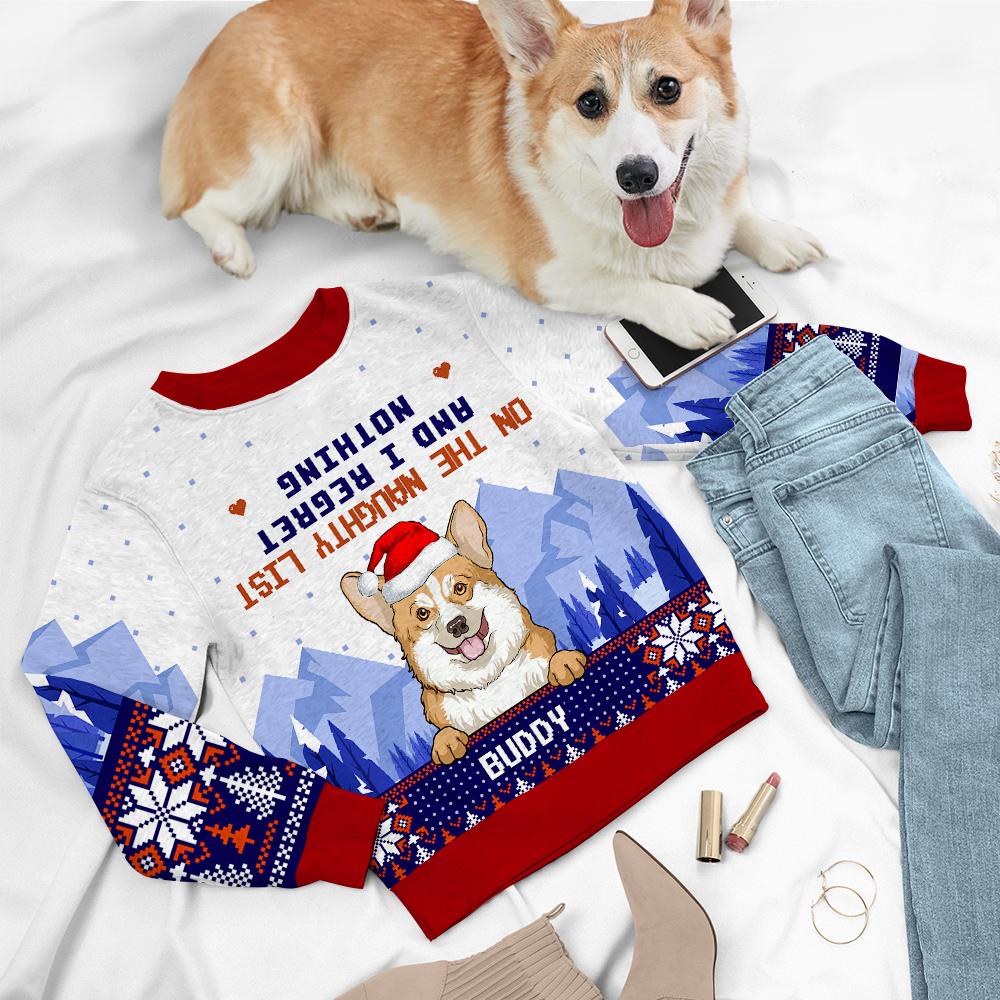 On the Naughty List Personalized Ugly Christmas Sweatshirt, Funny Xmas Gift For Dog Lovers AB