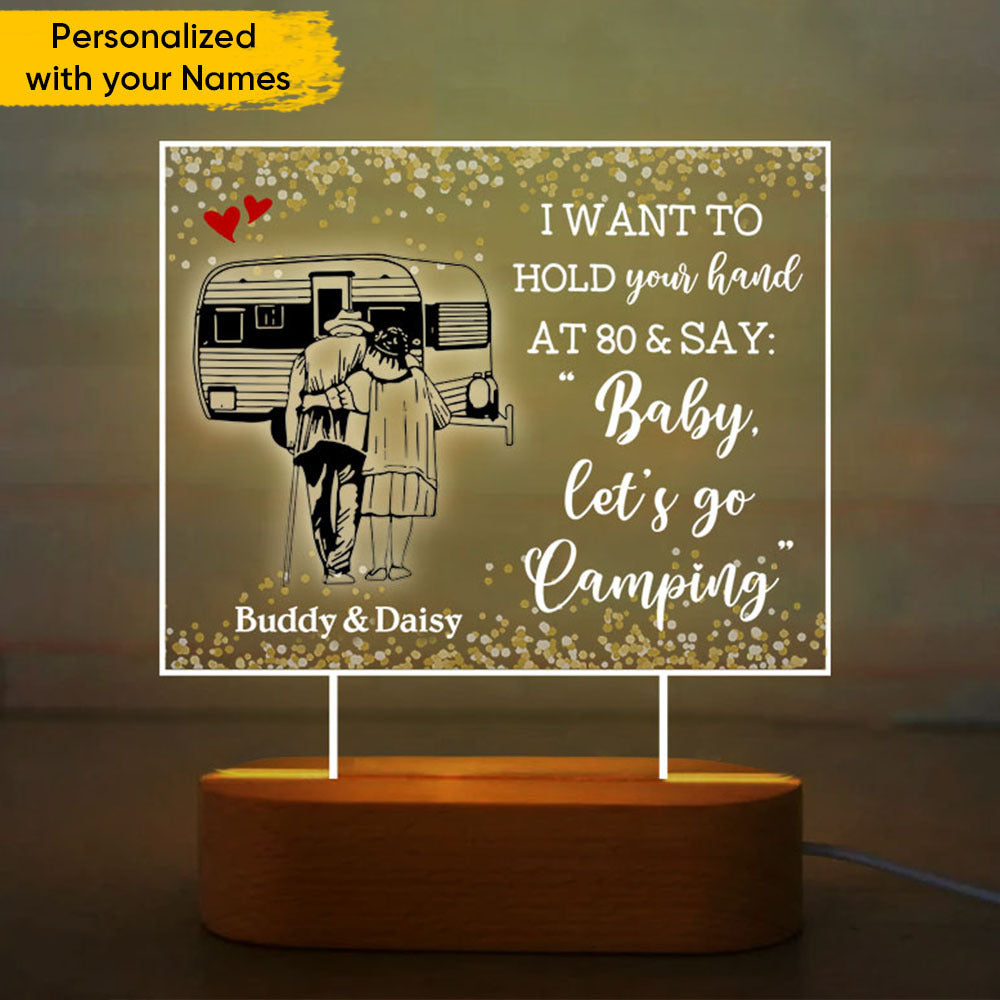 Personalized Let's Go Camping Old Couple Lamp With Wooden Oval Stand, Gift For Mom Dad AC
