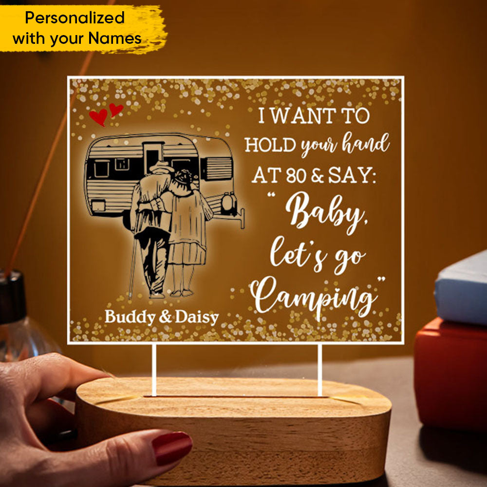 Personalized Let's Go Camping Old Couple Lamp With Wooden Oval Stand, Gift For Mom Dad AC