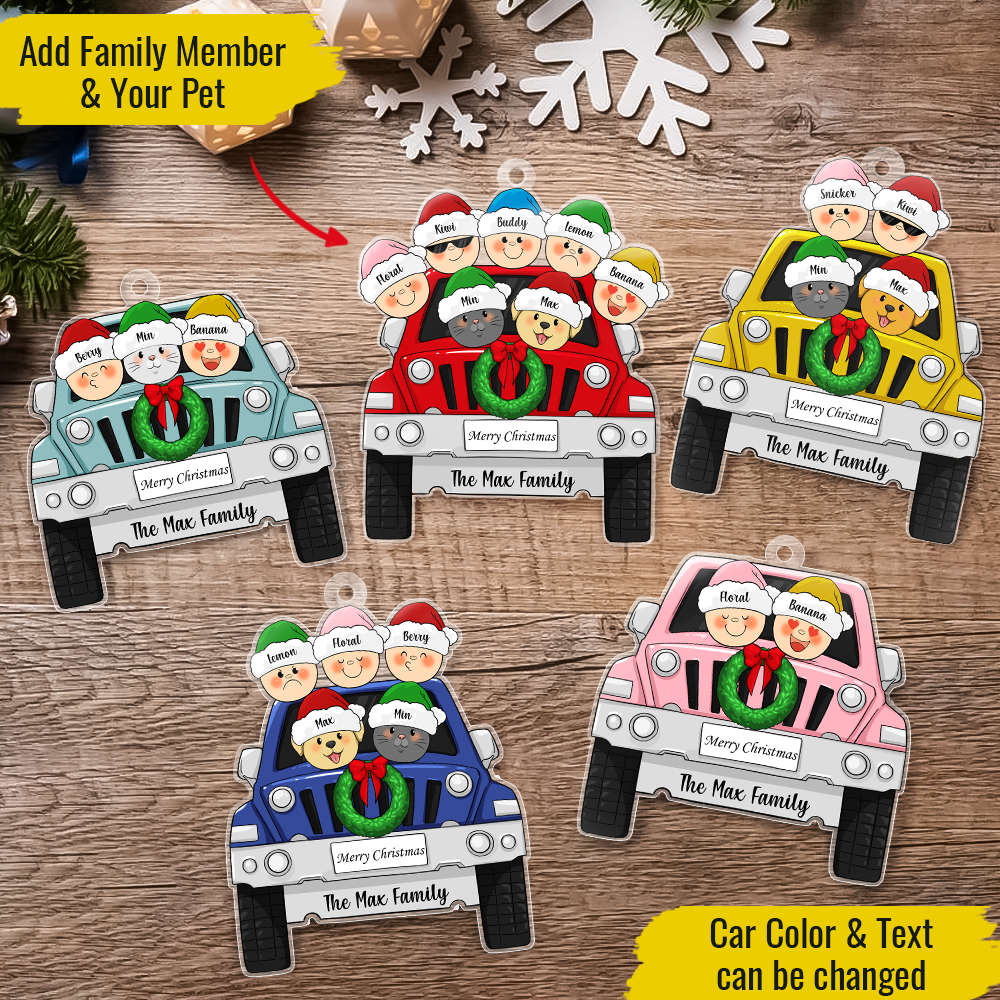 Custom Family Pet With Christmas Car Printed Acrylic Ornament, Christmas Gift AE