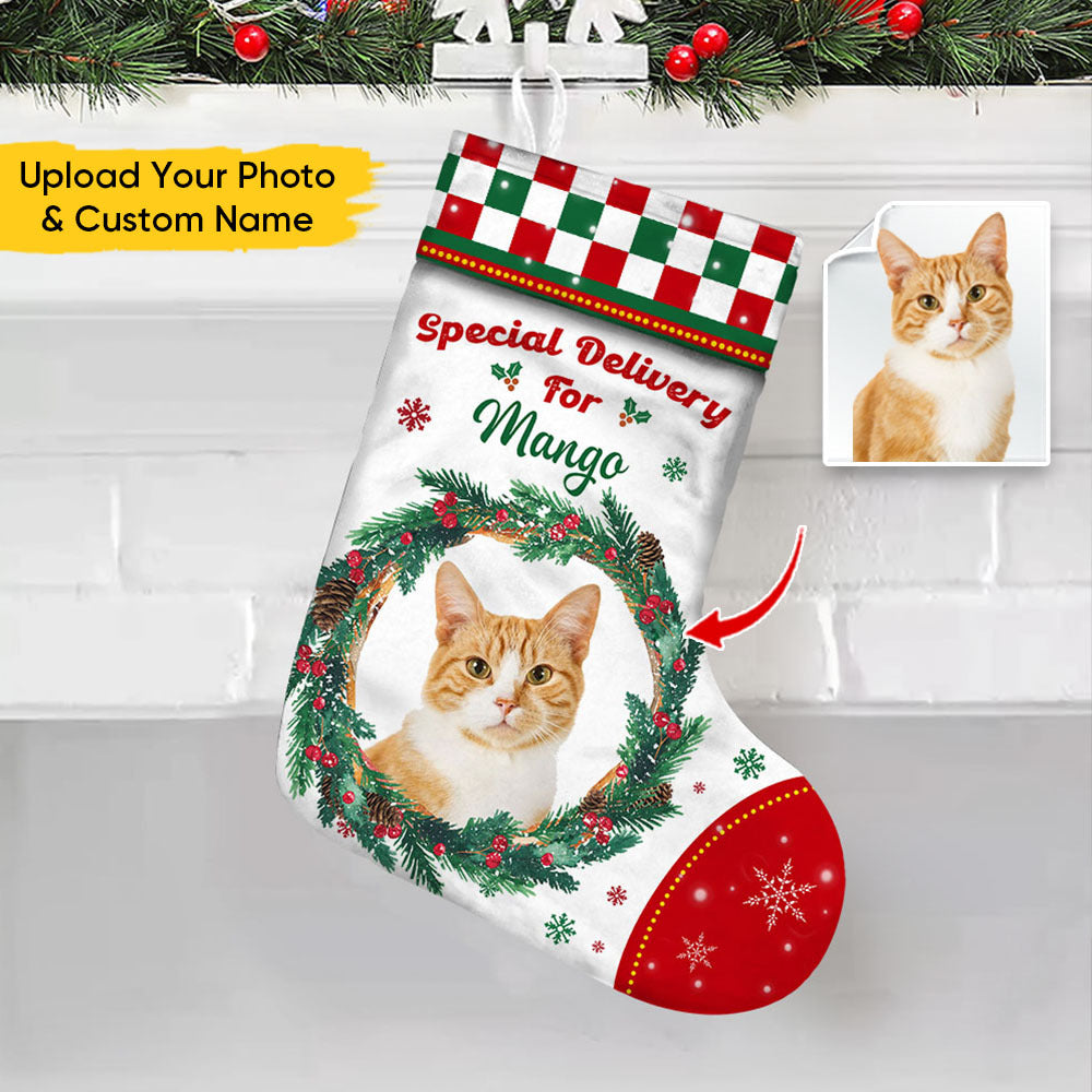 Custom Photo With Wreath Family Christmas Stocking, Christmas Gift AB