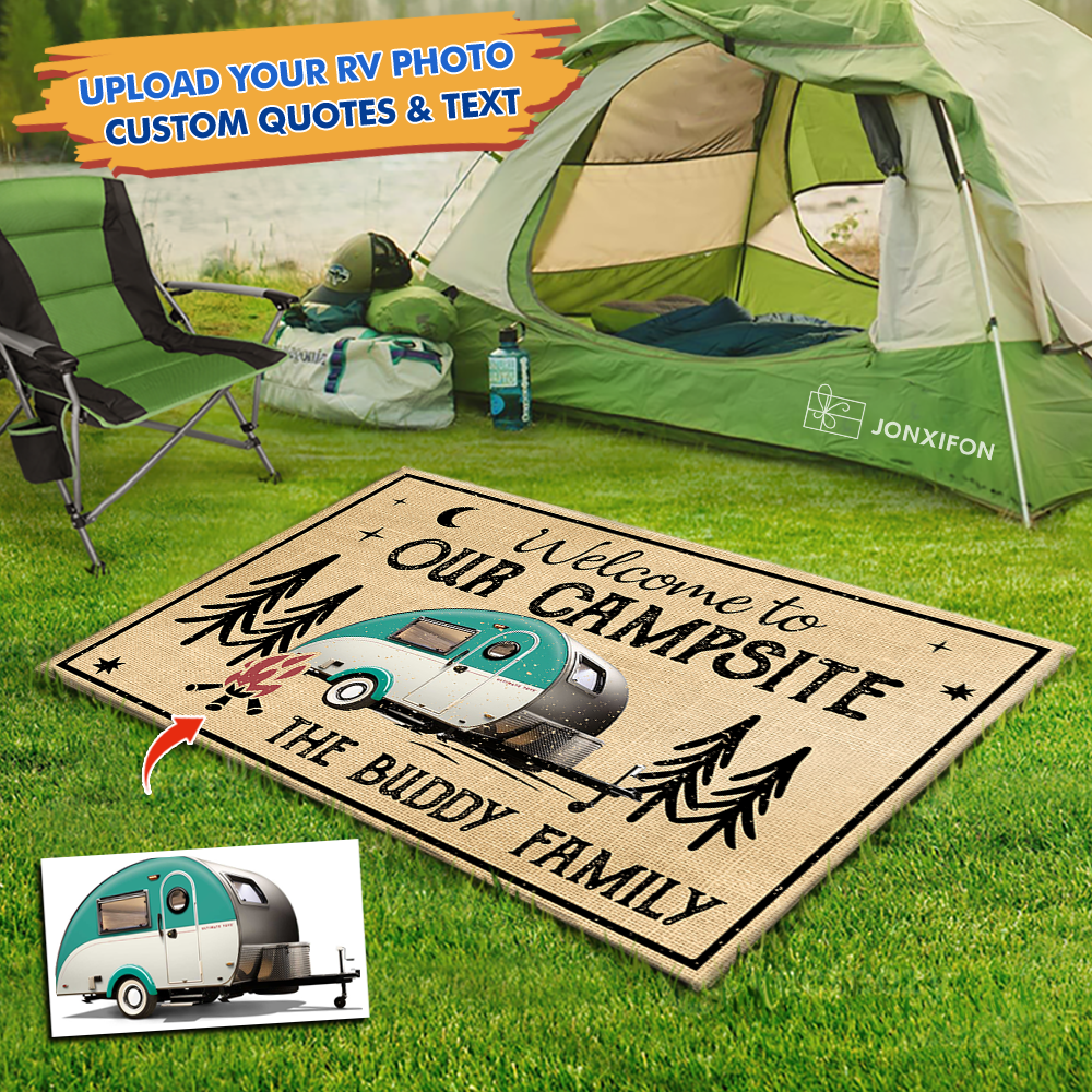 Custom Life Is Better At The Campsite Photo Patio Mat, Gift For Camper AB
