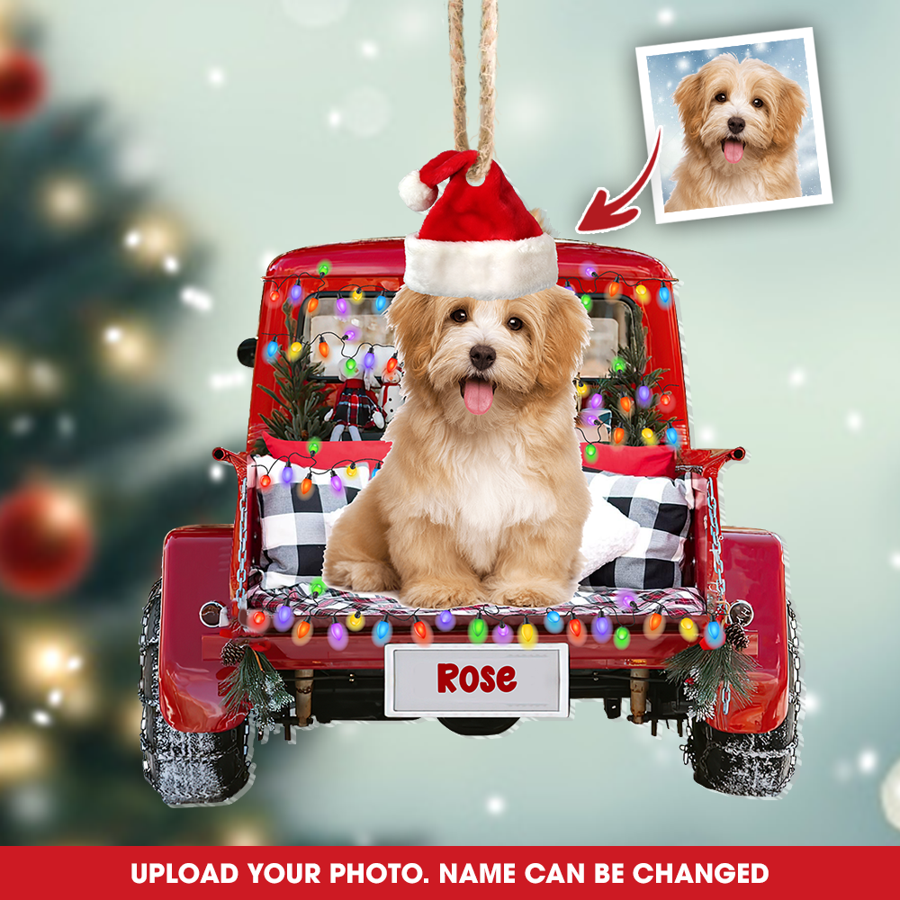 Upload Photo Dog Cat Christmas Red Truck Printed Acrylic Ornament, Customized Holiday Ornament AE