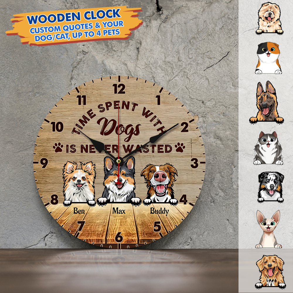 Custom Time Spent With Animals Wall Wooden Clock, Gift For Pet Lover AH