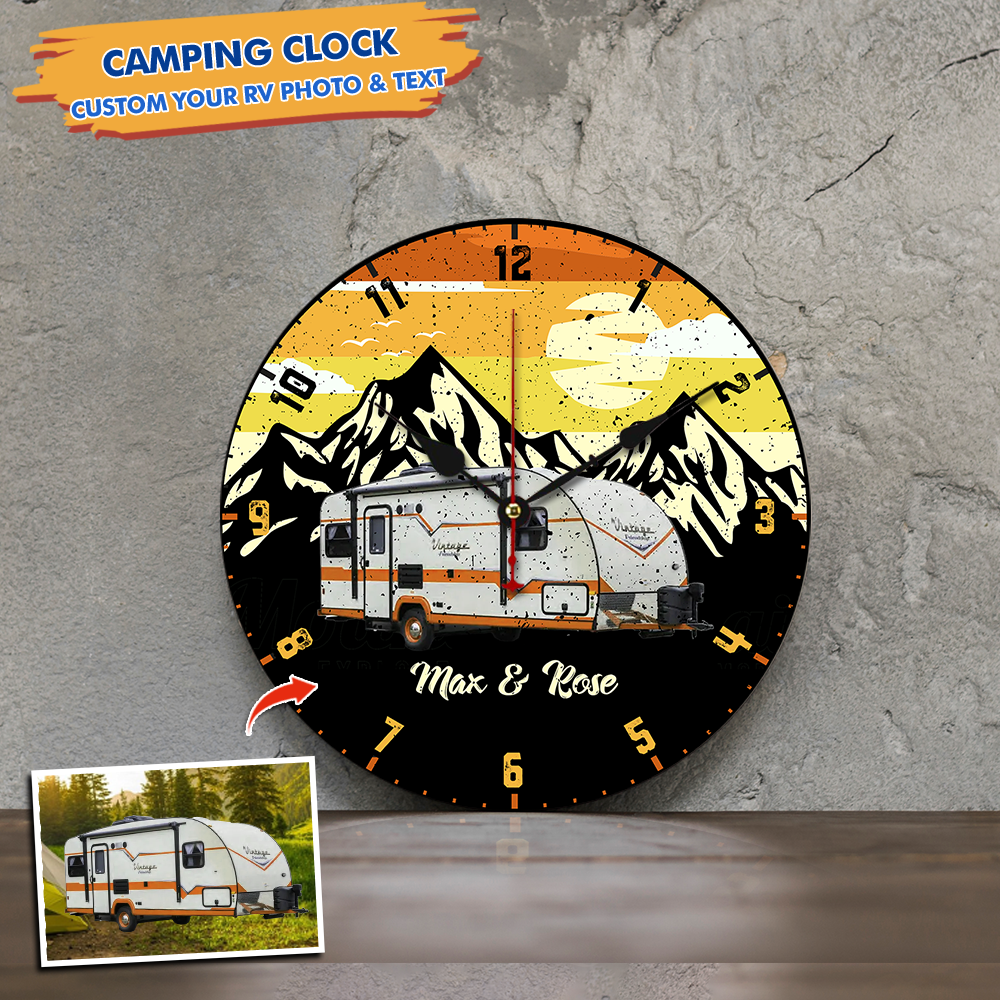 Custom Retro Vintage Mountain Camping Photo Wall Wood Clock, Gift For Camper AH