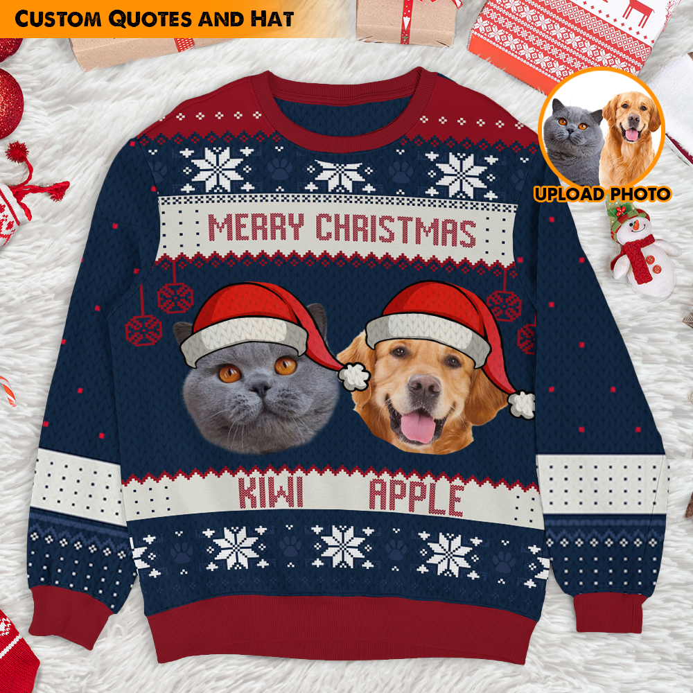 Merry Christmas Pet Photo Ugly Christmas Sweatshirt, All-Over-Print Sweatshirt AB
