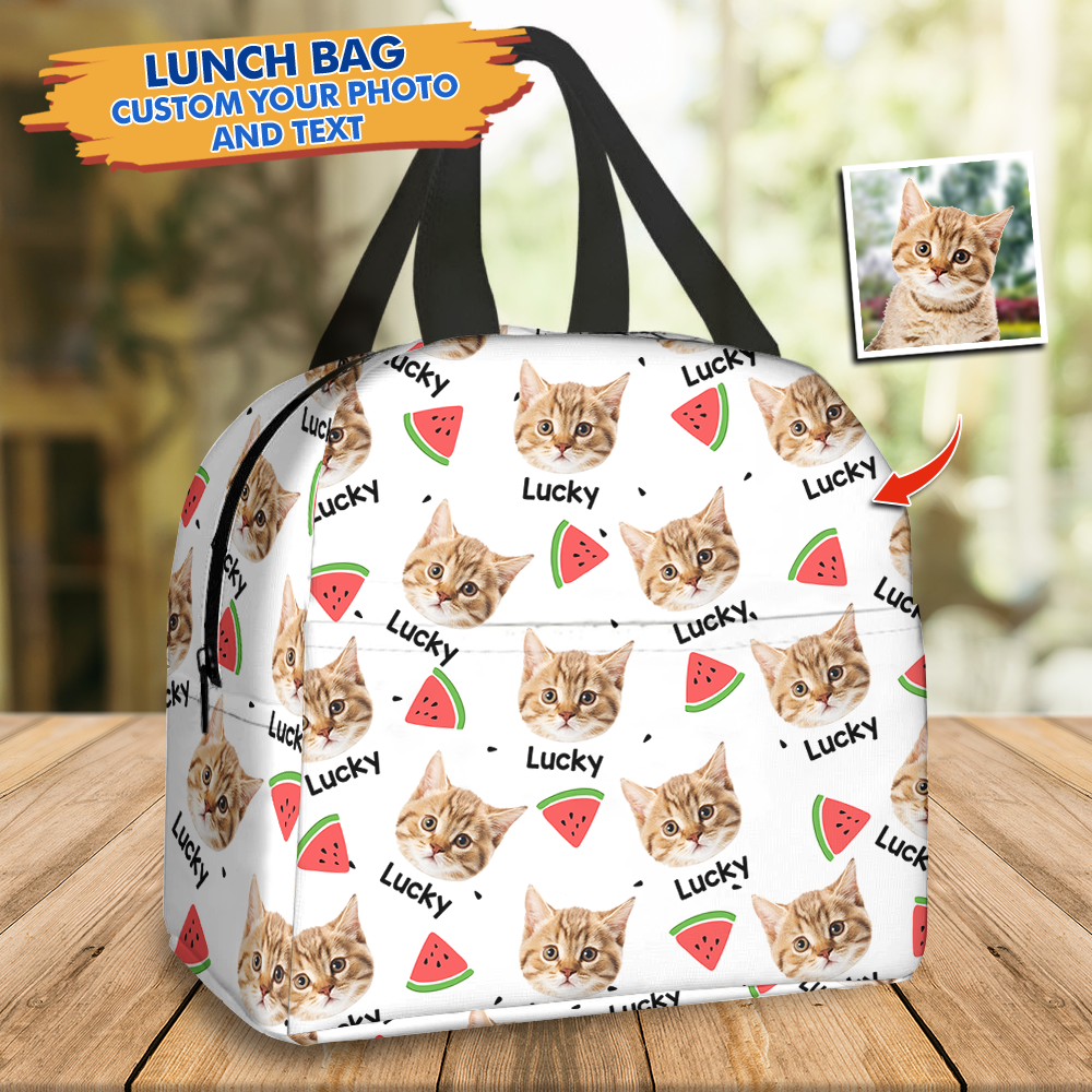 Personalized Orange Summer Upload Face Dog Cat Lunch Bag, Gifr For Pet Lovers AI