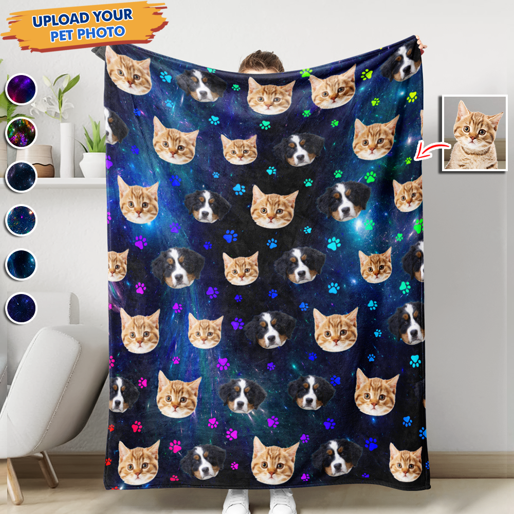 Custom Galaxy With Paws Dog Cat Photo Blanket, Pet Lover Gift AB