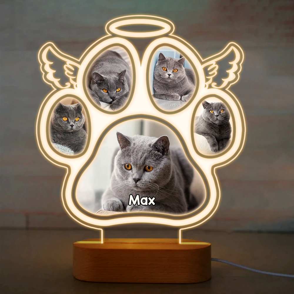 Custom Angel Wings Pets Paws Photo Lamp With Wooden Oval Stand, Memorial Gift AC