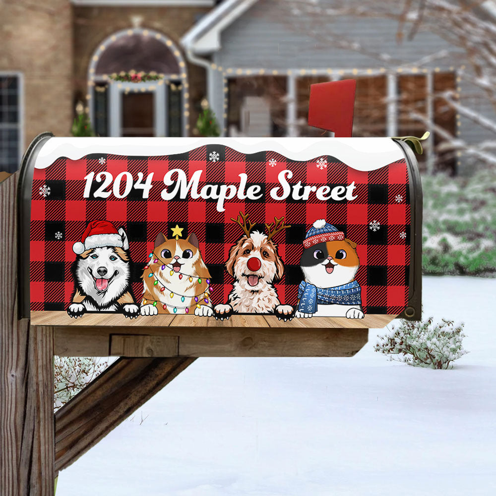 Christmas Dog Cat Buffalo Plaid Address Mailbox Cover, Winter Mailbox AF