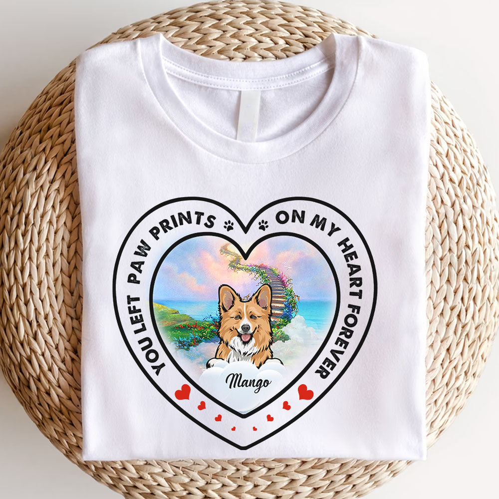 Personalized You Left Paw Prints On My Heart Memorial Dog T-shirt, Loss Gift For Dog Mom CustomCat