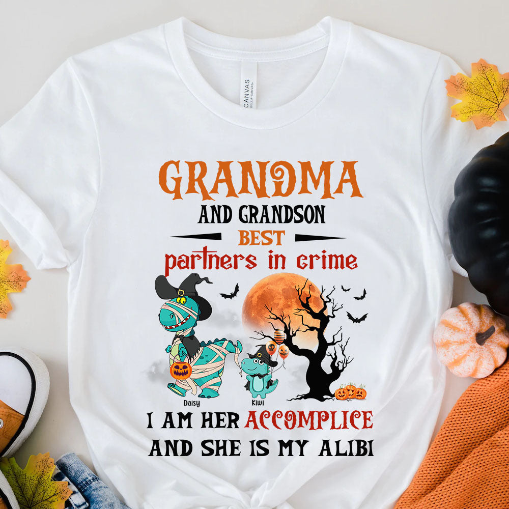 Personalized Grandma Grandkid Best Partner In Crime Dinosaur Halloween T-shirt, Custom Family Gifts CustomCat