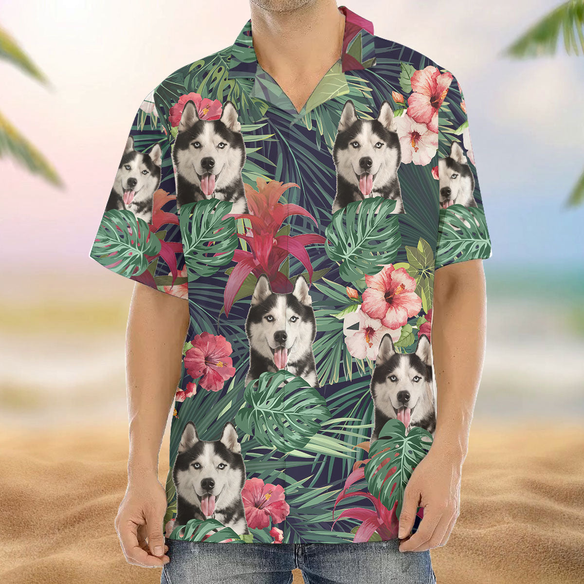 Custom Pet Face Photo Green Hawaiian Shirt, Hibiscus x Red Ginger AI