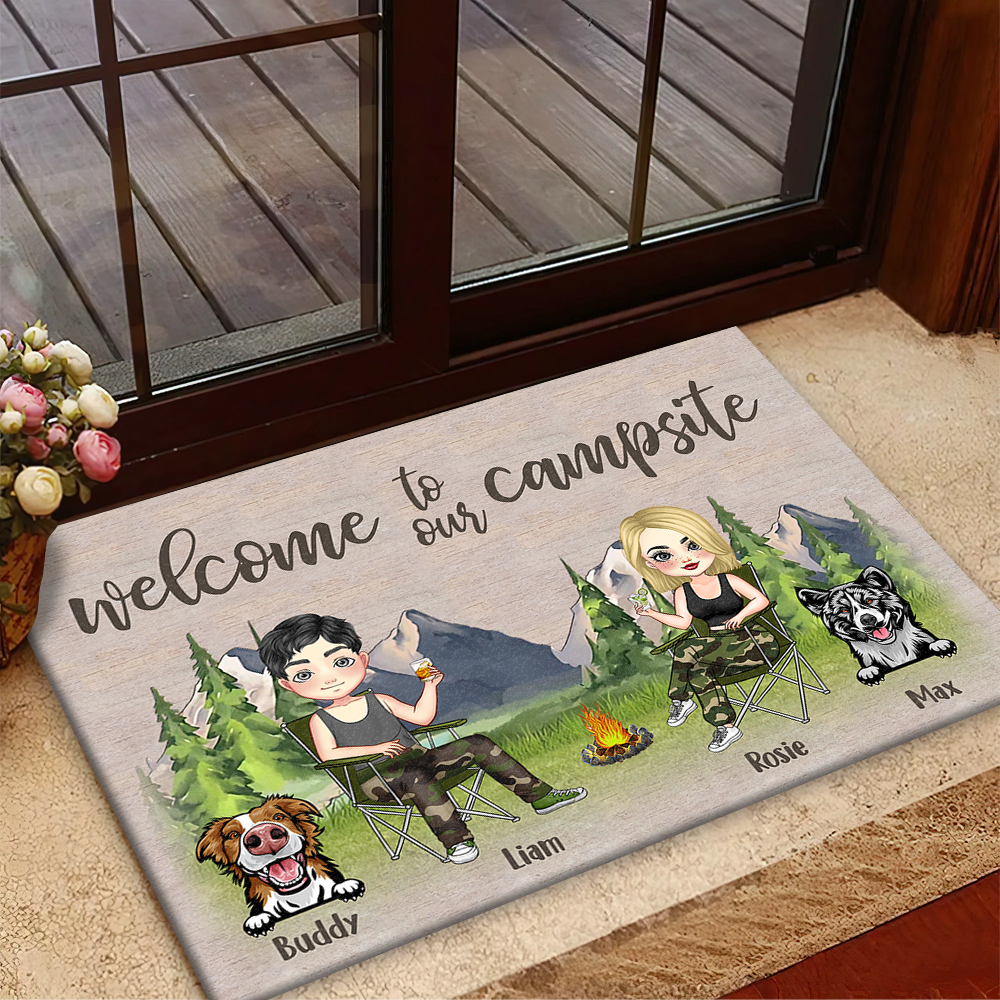 Personalized Happy Campers Husband Wife And Dogs House Doormat, Gift For Camping Couple AB