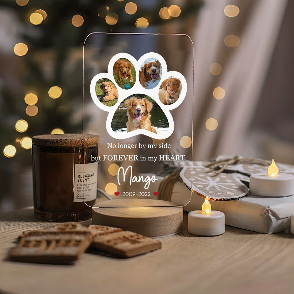 Custom Paw Prints Photo Pet Memorial Lamp With Wooden Round Stand, Memorial Gift AC