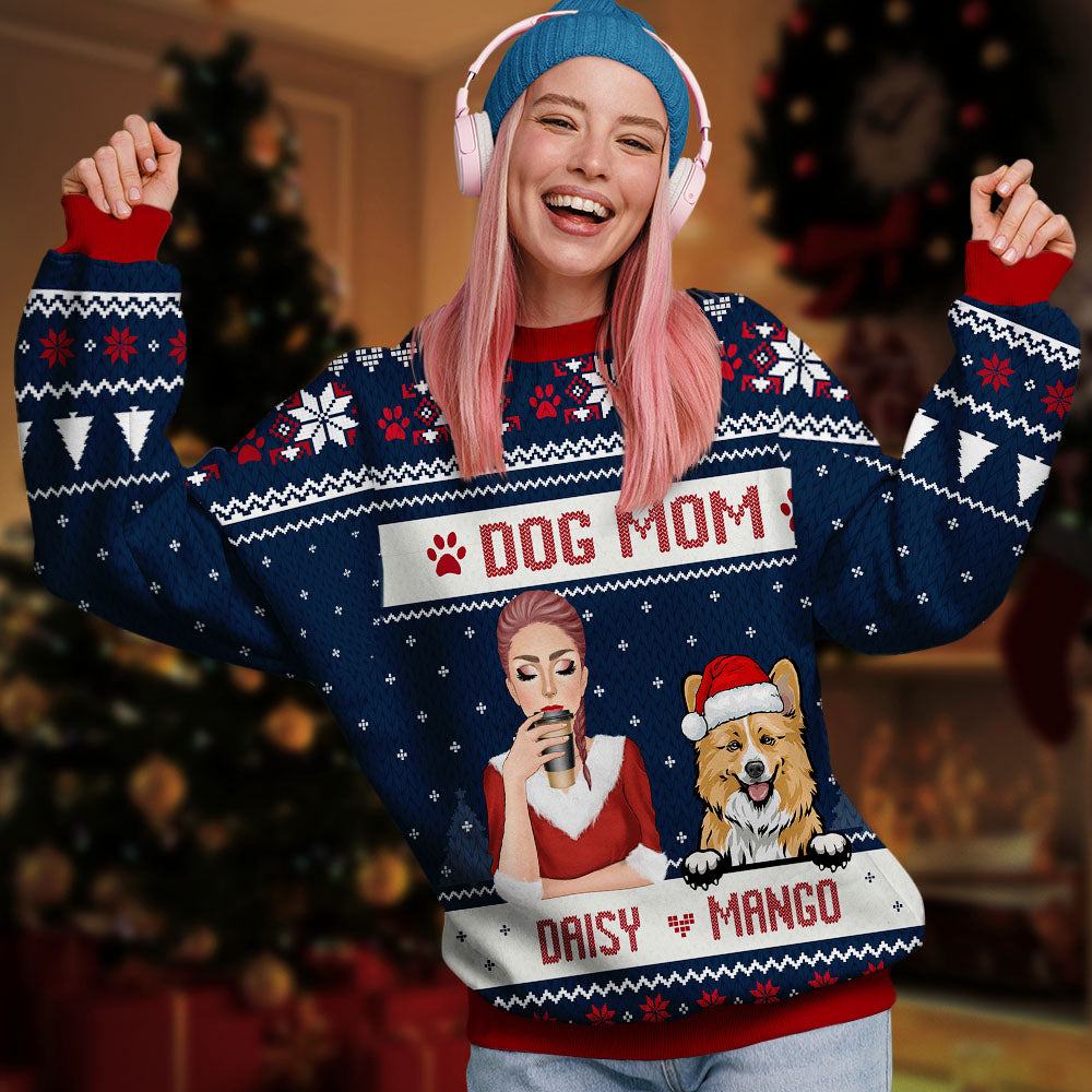 Personalized Dog Mom Ugly Christmas Sweatshirt, Christmas Gift For Dog Lovers AB