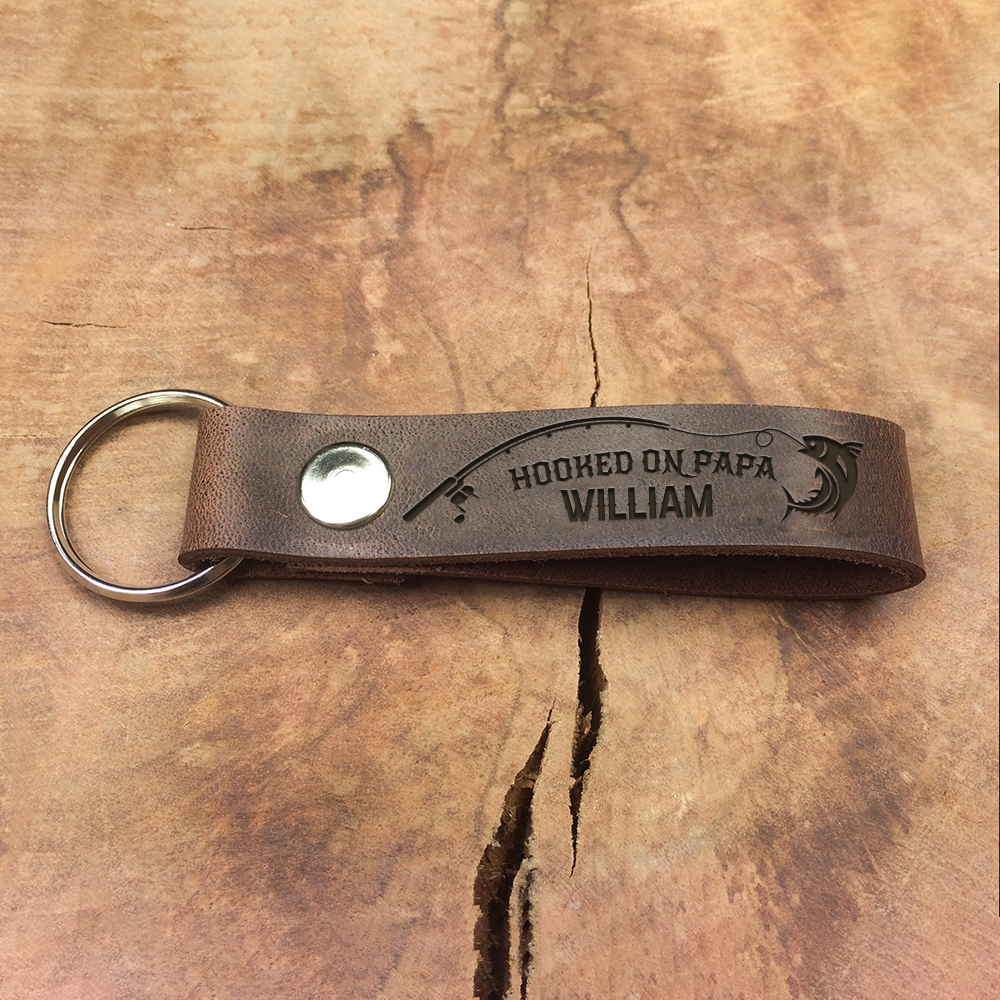Personalized Reel Cool Dad Grandpa Fishing Leather Keychain, Gift For Fishing Lovers AZ