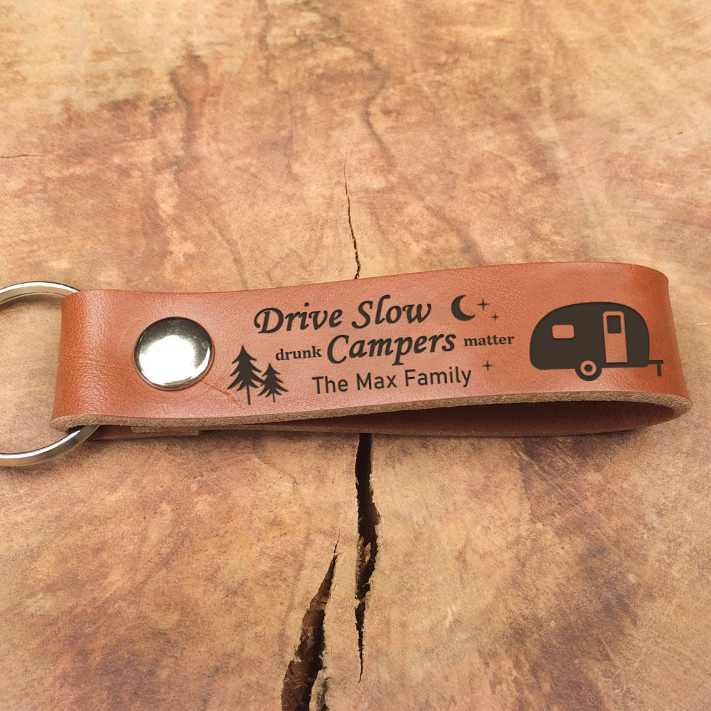 Custom Happy Camper Camping Leather Keychain, Gift For Camper AZ