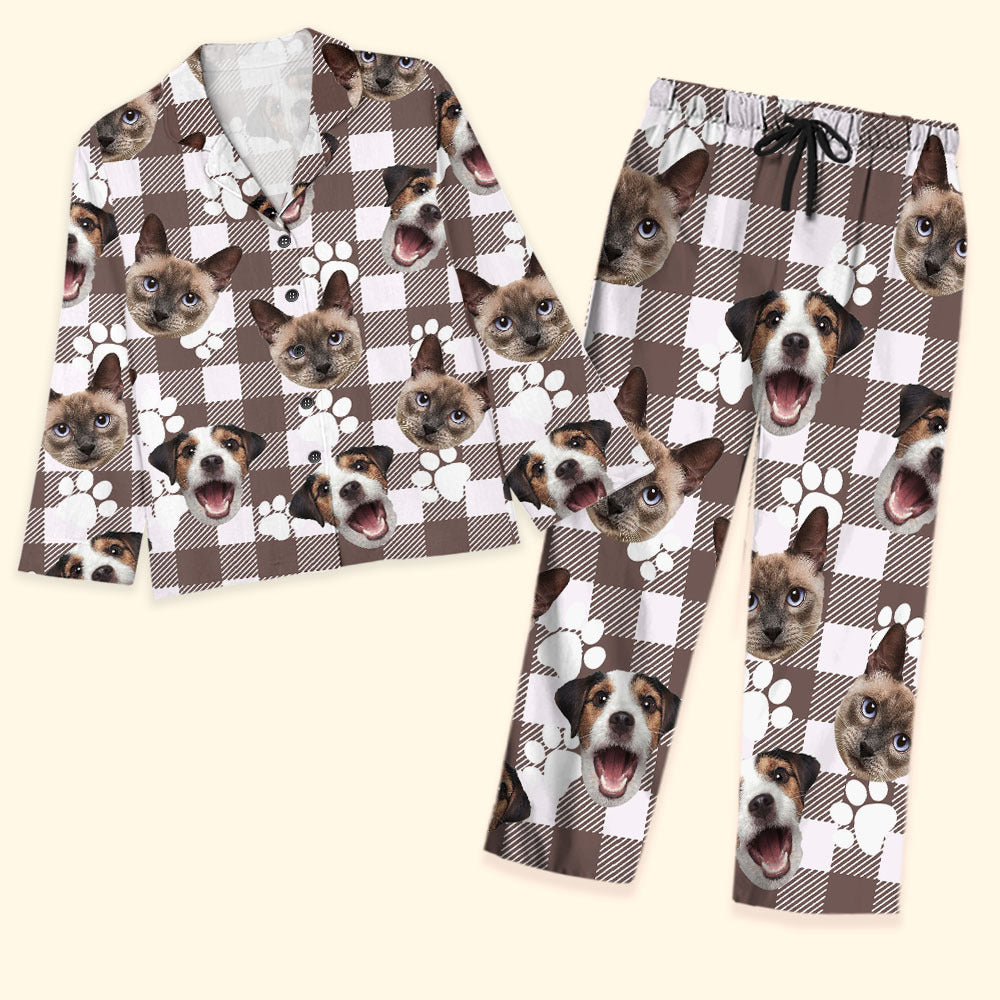 Custom Beige Buffalo Plaid Dog Cat Photo Pajamas Set, Pet Lover Gift AB