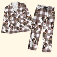Thumbnail for Custom Beige Buffalo Plaid Dog Cat Photo Pajamas Set, Pet Lover Gift AB