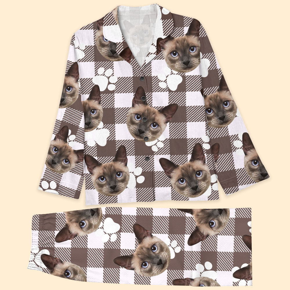 Custom Beige Buffalo Plaid Dog Cat Photo Pajamas Set, Pet Lover Gift AB
