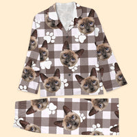 Thumbnail for Custom Beige Buffalo Plaid Dog Cat Photo Pajamas Set, Pet Lover Gift AB
