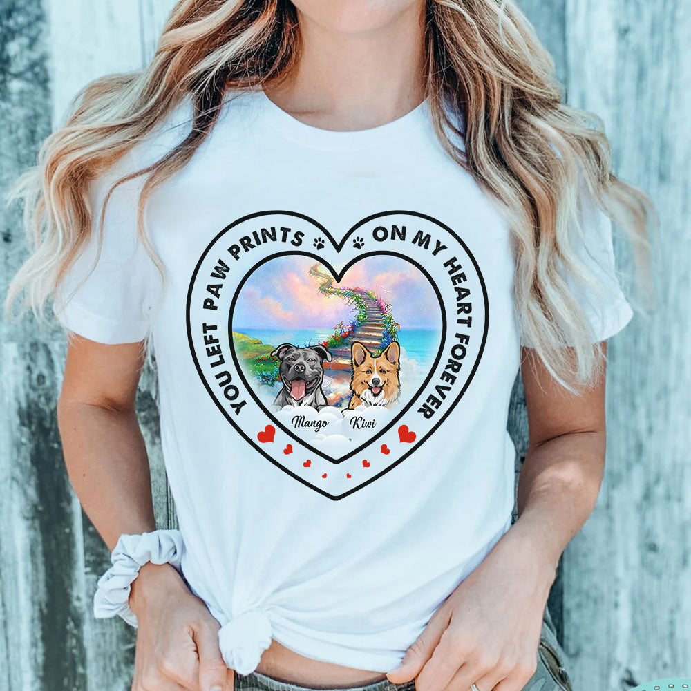 Personalized You Left Paw Prints On My Heart Memorial Dog T-shirt, Loss Gift For Dog Mom CustomCat