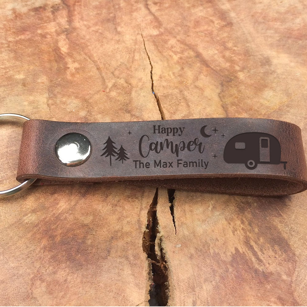 Custom Happy Camper Camping Leather Keychain, Gift For Camper AZ