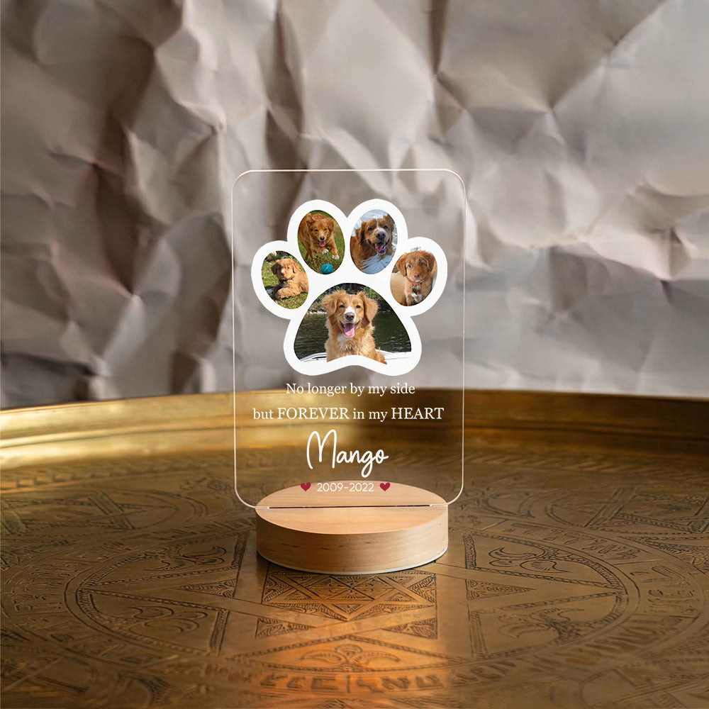 Custom Paw Prints Photo Pet Memorial Lamp With Wooden Round Stand, Memorial Gift AC