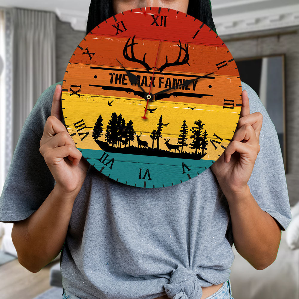 Personalized Family Name Hunting Wall Wooden Clock, Gift For Hunting Lovers AH
