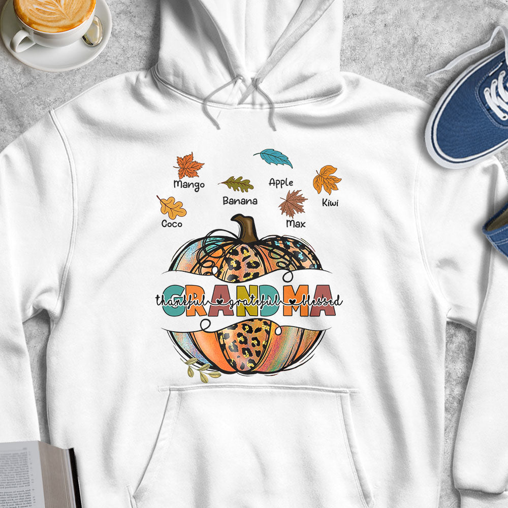 Personalized Thankful Grateful Blessed Pumpkin Mom Grandma Fall T-shirt, Custom Family Gifts CustomCat