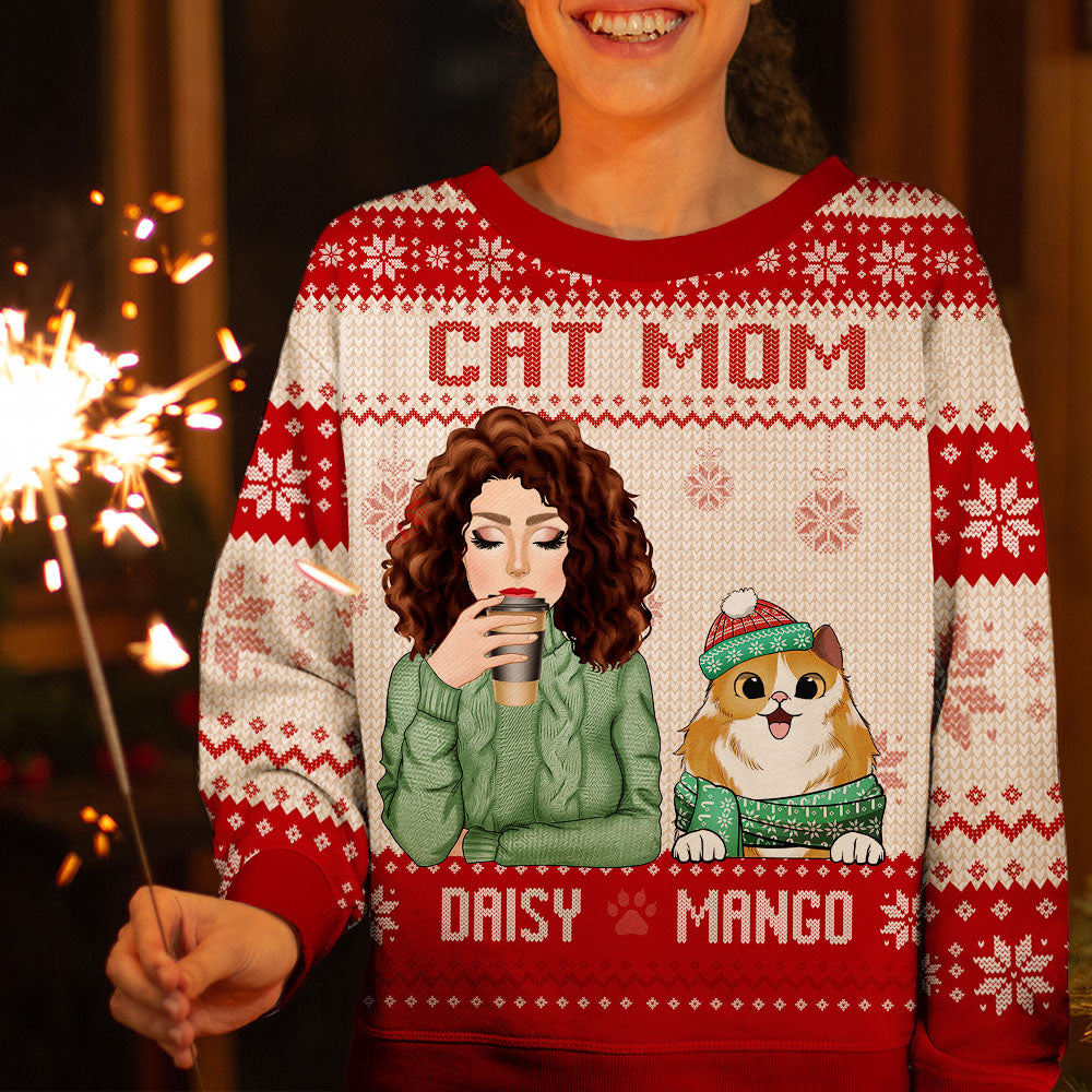 Personalized Cat Mom Ugly Christmas Sweatshirt, Christmas Gift For Cat Lovers AB