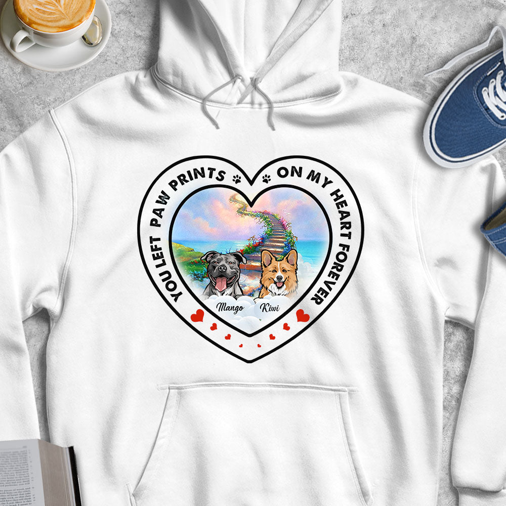 Personalized You Left Paw Prints On My Heart Memorial Dog T-shirt, Loss Gift For Dog Mom CustomCat