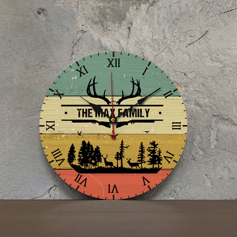 Personalized Family Name Hunting Wall Wooden Clock, Gift For Hunting Lovers AH