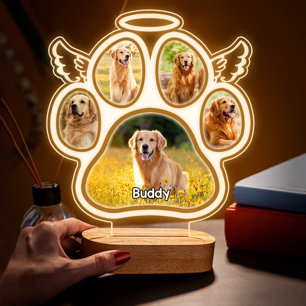 Custom Angel Wings Pets Paws Photo Lamp With Wooden Oval Stand, Memorial Gift AC