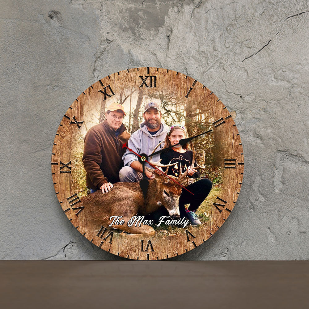 Custom Photo Wall Wooden Clock, Gift For Dad, Hunting Decor, Camping Gift AH