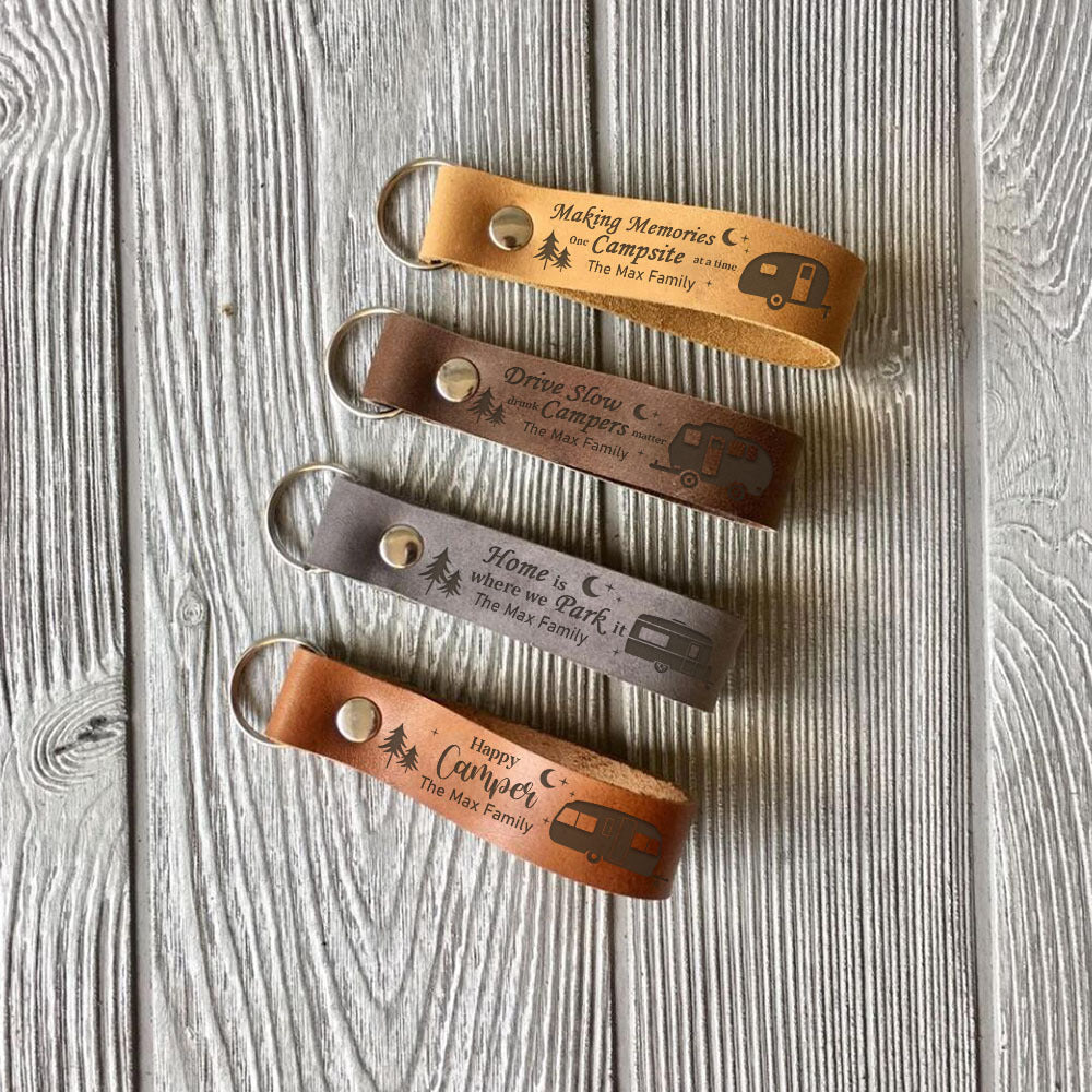 Custom Happy Camper Camping Leather Keychain, Gift For Camper AZ