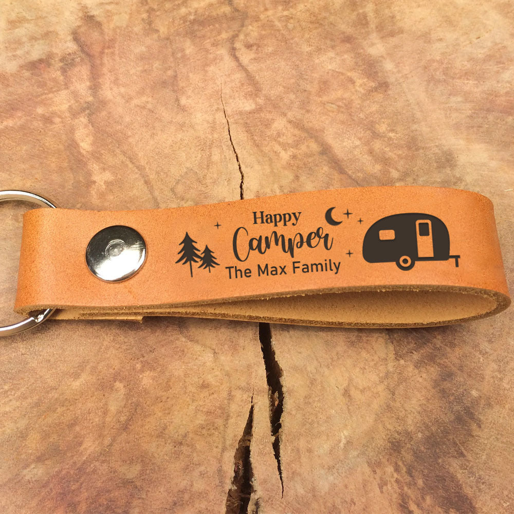 Custom Happy Camper Camping Leather Keychain, Gift For Camper AZ