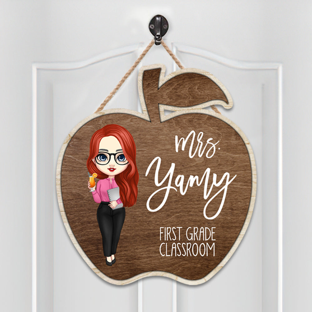 Custom Teacher Name Apple Shaped Wood Sign, Classroom Door Hanger E