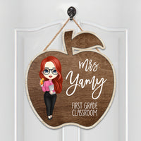 Thumbnail for Custom Teacher Name Apple Shaped Wood Sign, Classroom Door Hanger E