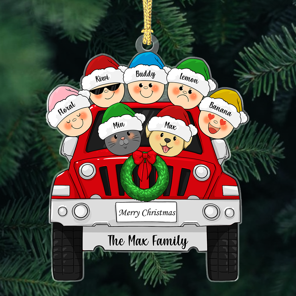 Custom Family Pet With Christmas Car Printed Acrylic Ornament, Christmas Gift AE