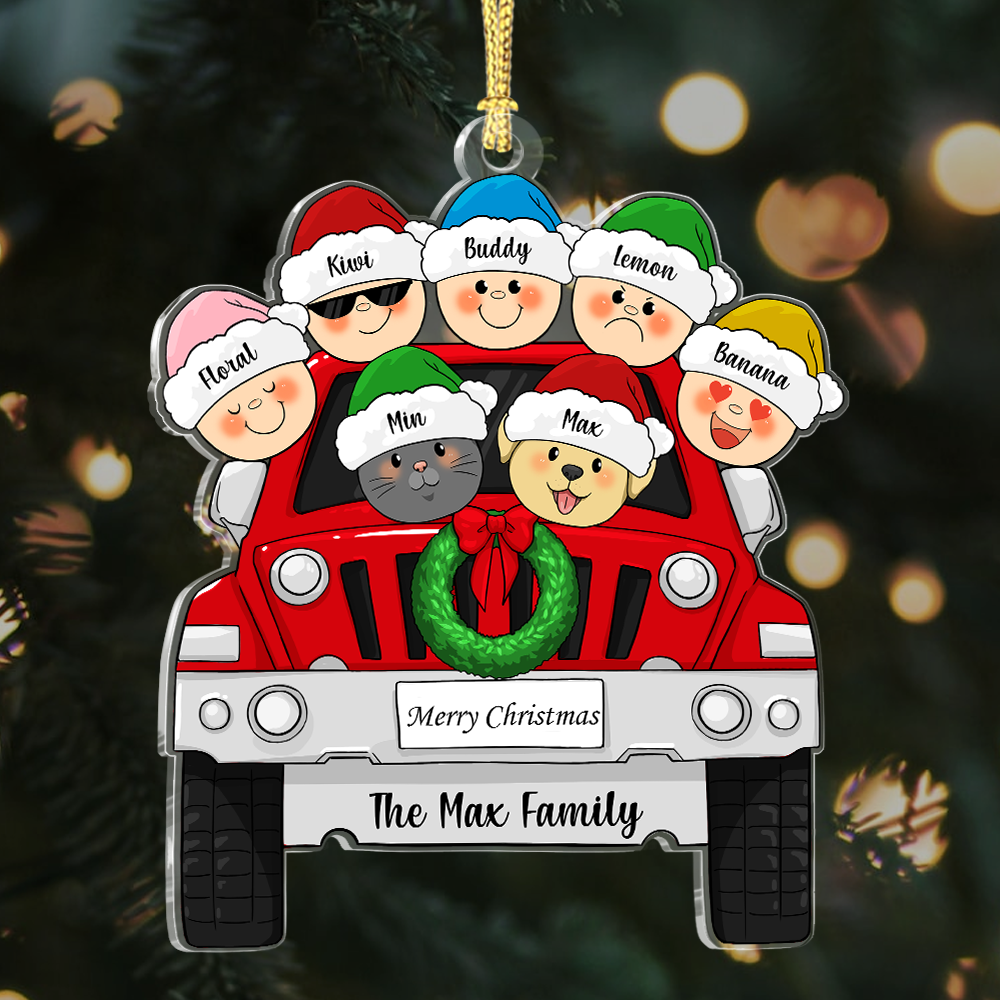 Custom Family Pet With Christmas Car Printed Acrylic Ornament, Christmas Gift AE