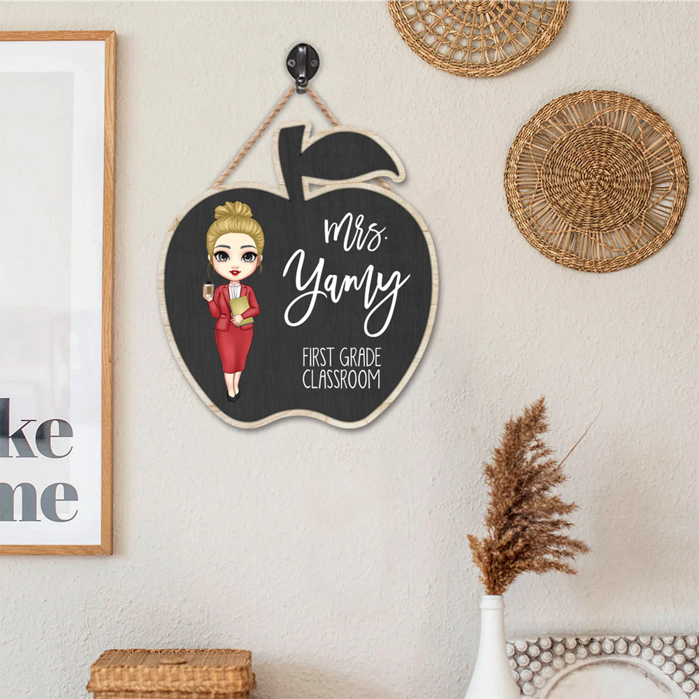Custom Teacher Name Apple Shaped Wood Sign, Classroom Door Hanger E
