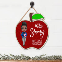 Thumbnail for Custom Teacher Name Apple Shaped Wood Sign, Classroom Door Hanger E