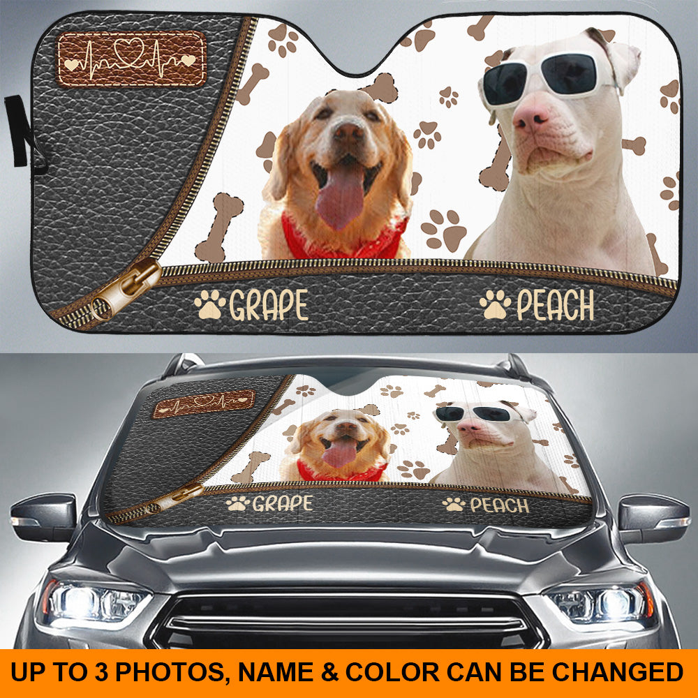 Upload Pet Photo Leather Pattern Car Sunshade, Gift For Dog & Cat Lovers AI