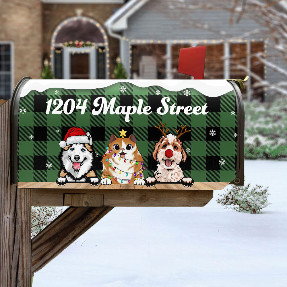 Christmas Dog Cat Buffalo Plaid Address Mailbox Cover, Winter Mailbox AF