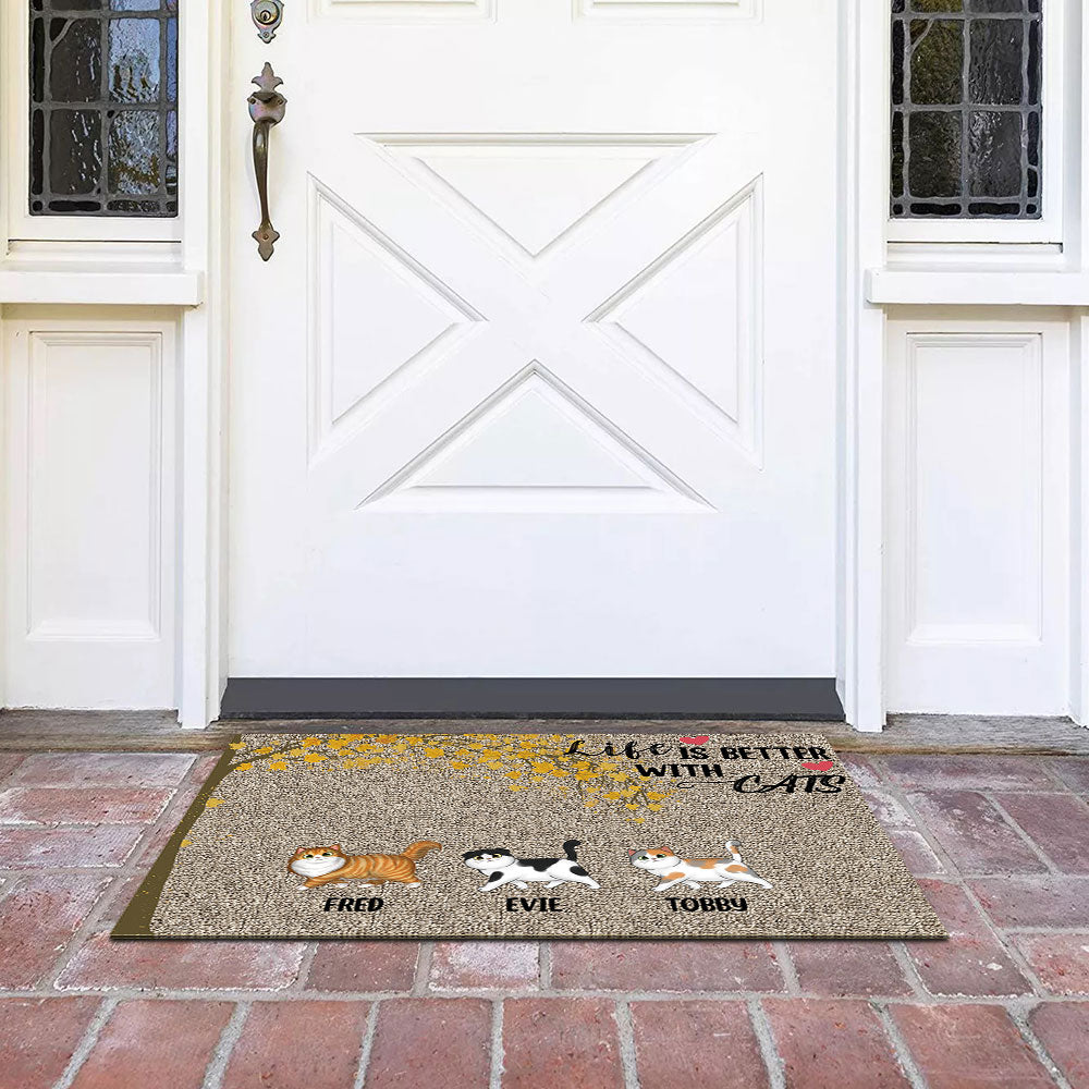 Life Is Better With Cats Falling Leaves - Personalized Cat Doormat AB