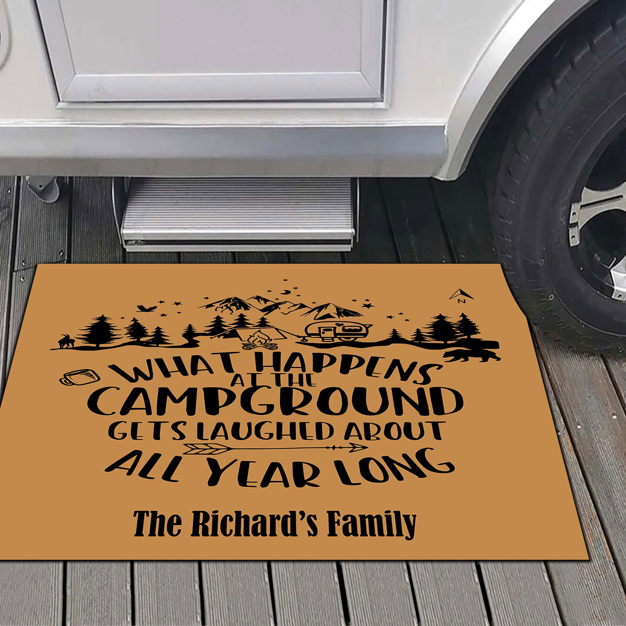 What Happens At The Campground Gets Laughed About All Year Long- Camping Gifts - Outdoor Indoor Personalized Doormat AB